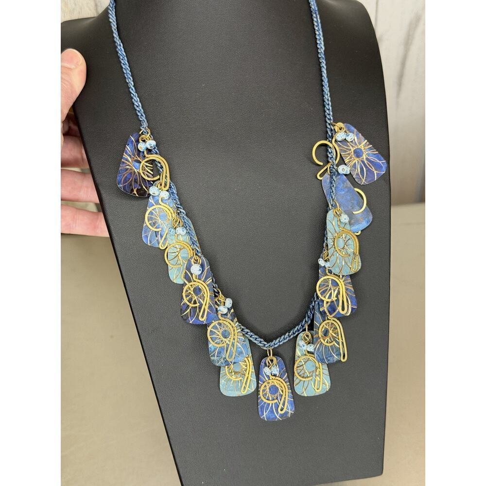 Vintage Blue Metal Necklace Gold Accents Art To Wear Boho Beaded